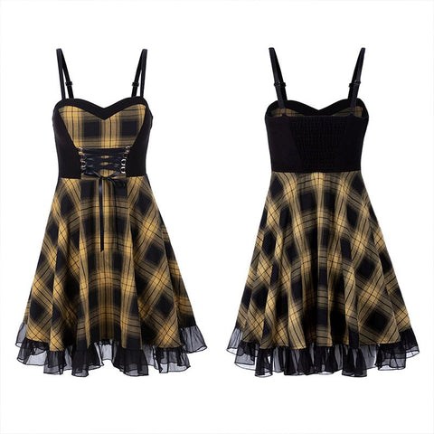 Stitched plaid braces skirt