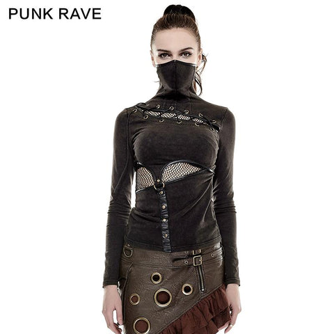 Coffe Steampunk Tight Mesh Punk Shirts With High Collar
