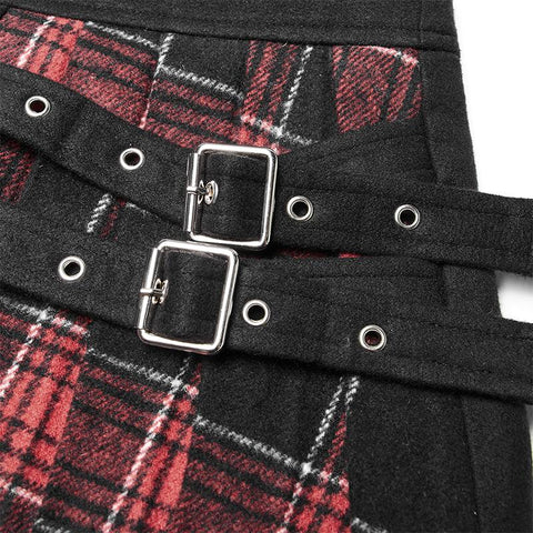 Colored checked folded half skirt with button loop