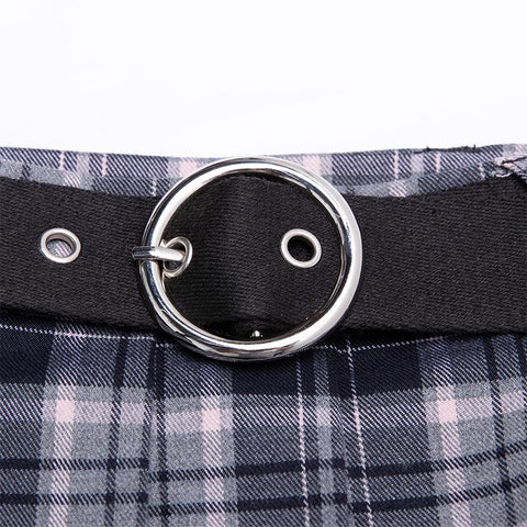 Belt pleated plaid half skirt