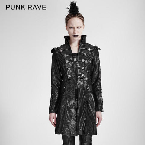 Fashion Black Long Leather Punk Trench Coats With Standing Collar