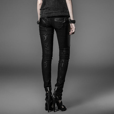 Long Women Punk Pants In Sexy Black With Dark Chain Printed