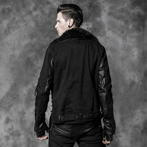 Long Leather Punk Coat With The Warm Black Fur Collar For Men