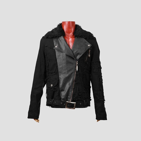 Long Leather Punk Coat With The Warm Black Fur Collar For Men