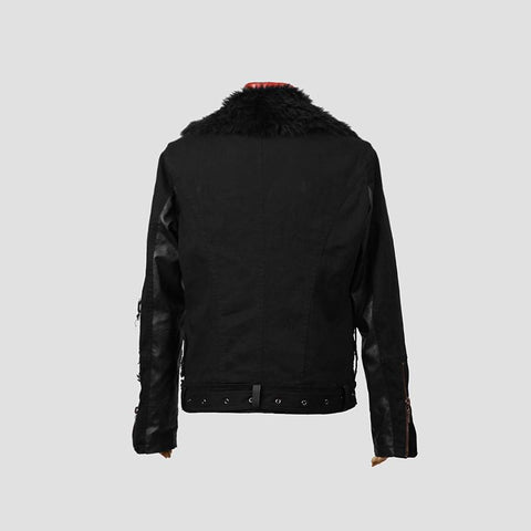 Long Leather Punk Coat With The Warm Black Fur Collar For Men