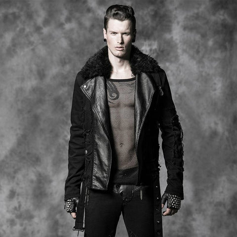 Long Leather Punk Coat With The Warm Black Fur Collar For Men