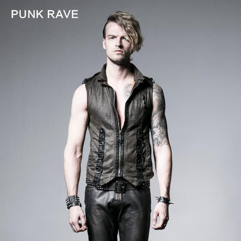 Brown Sleeveless Punk Vest With Standing Collar
