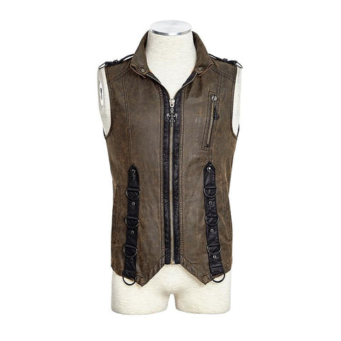 Brown Sleeveless Punk Vest With Standing Collar