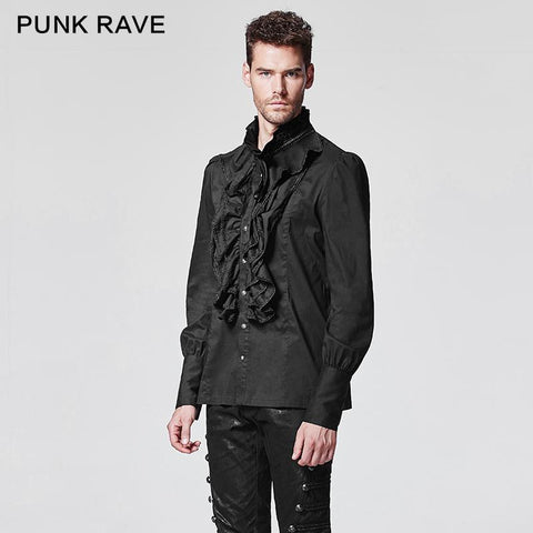 Black Bubble Long Sleeve Gothic Shirt With Lace High Collar