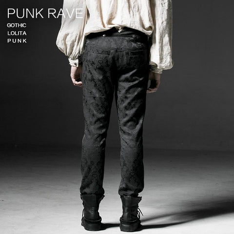 Punk Black Winter Flower Pattern Men Slim Gothic Pants