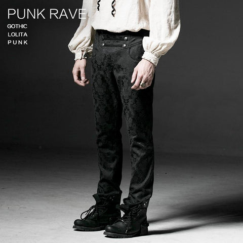 Punk Black Winter Flower Pattern Men Slim Gothic Pants