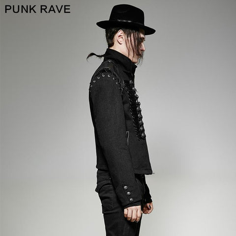 Black Rugged Denim Punk Jacket For Men With Removable Sleeves