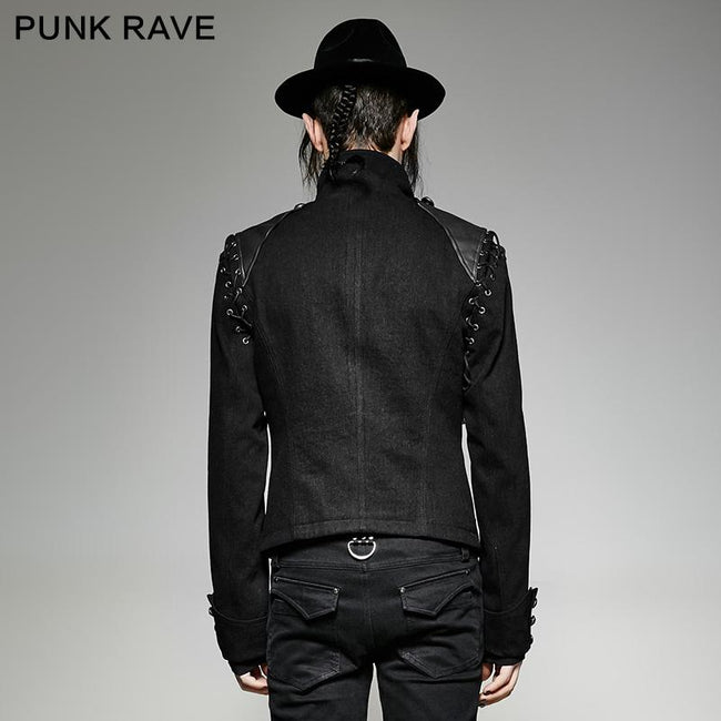 Black Rugged Denim Punk Jacket For Men With Removable Sleeves