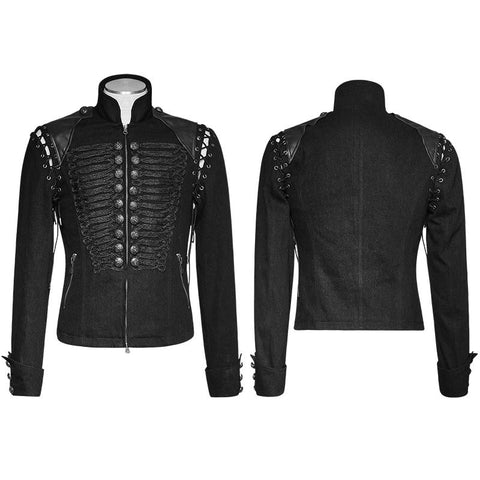 Black Rugged Denim Punk Jacket For Men With Removable Sleeves