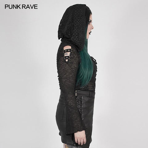 Punk perspective printed hooded T-shirt
