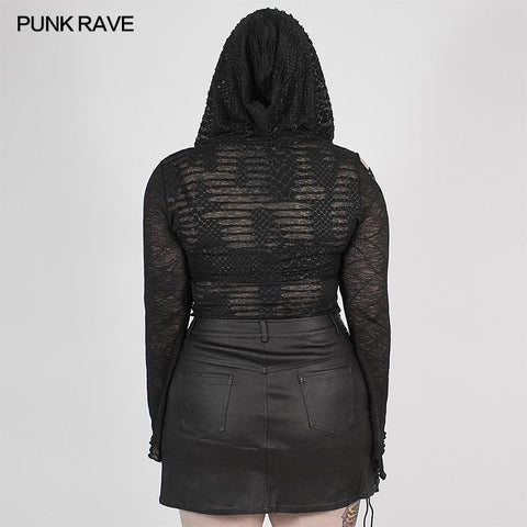 Punk perspective printed hooded T-shirt