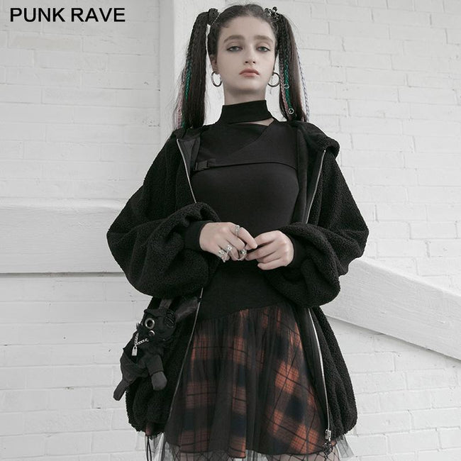 "PUNK" series mesh stitched plaid high-waisted skirt