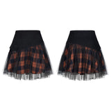 "PUNK" series mesh stitched plaid high-waisted skirt