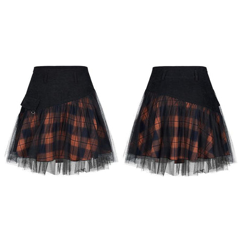 "PUNK" series mesh stitched plaid high-waisted skirt