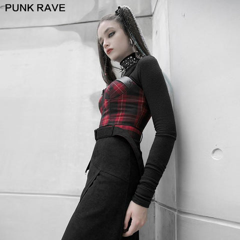 "PUNK" series plaid elastic shoulder strap corset vest