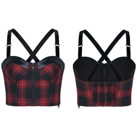 "PUNK" series plaid elastic shoulder strap corset vest