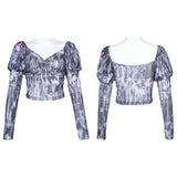 Square-cut collar stretch mesh printed Top