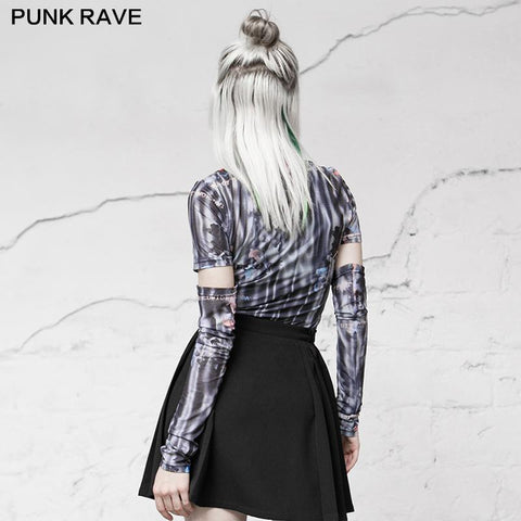 "Millennium E-Worm" high neck elastic mesh print top