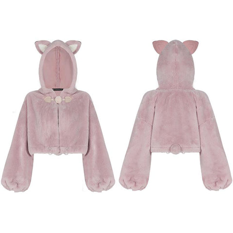 Cute ears drawstring cap short coat