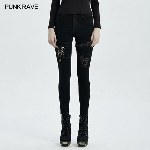 Punk knee deconstructed hollow denim trousers