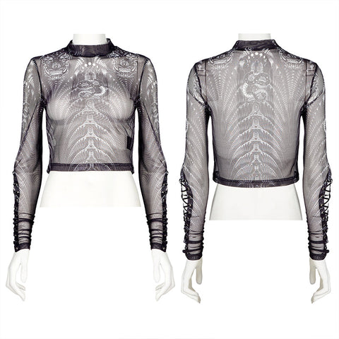 Gothic skeleton print mesh T-shirt